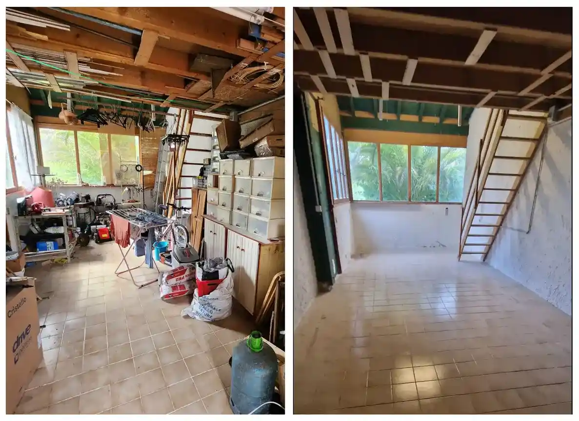 Garage-atelier en sous-sol vidé - avant / après intervention