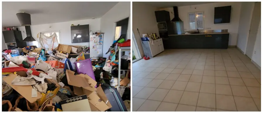 Pièce de vie saturée d'objets, puis entièrement vidée et nettoyée - avant / après
